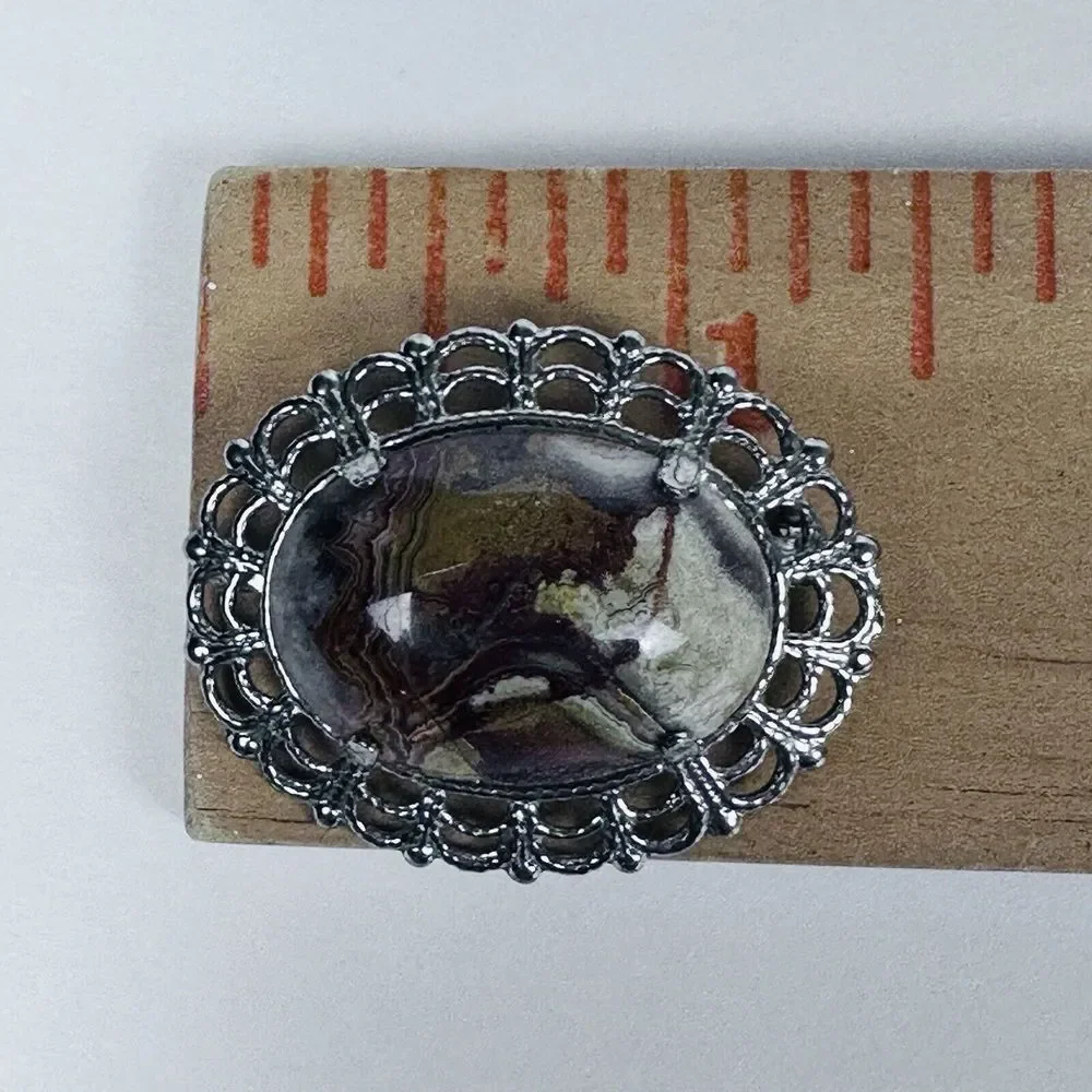 Vintage Artisan Brooch‎ Pin 1.25 Inch Crazy Lace Polished Agate Stainless Steel